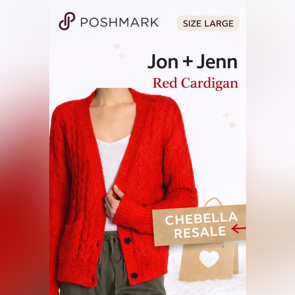 John + Jenn Women's Red Cable knit Cardigan Sweater cropped Oversized size Large
